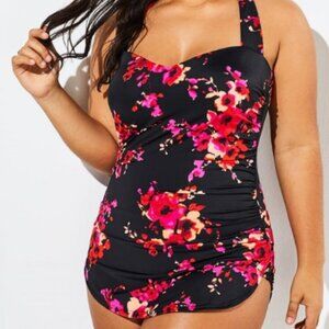 Poppies H-Back Sarong Front One Piece Swimsuit